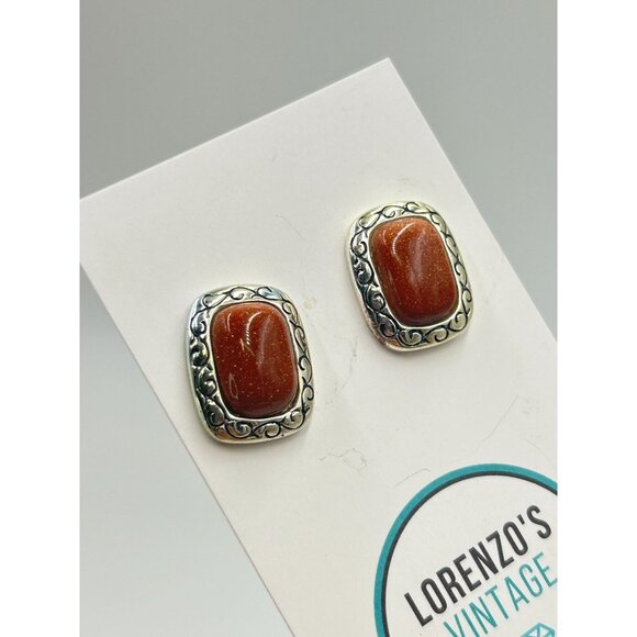 Vintage Goldstone & Sterling Silver Stud Earrings Pierced Retangular Studs - Picture 5 of 7